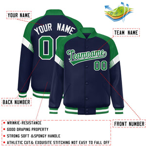 Custom Navy Kelly Green-White Varsity Full-Snap Color Block Letterman Jacket