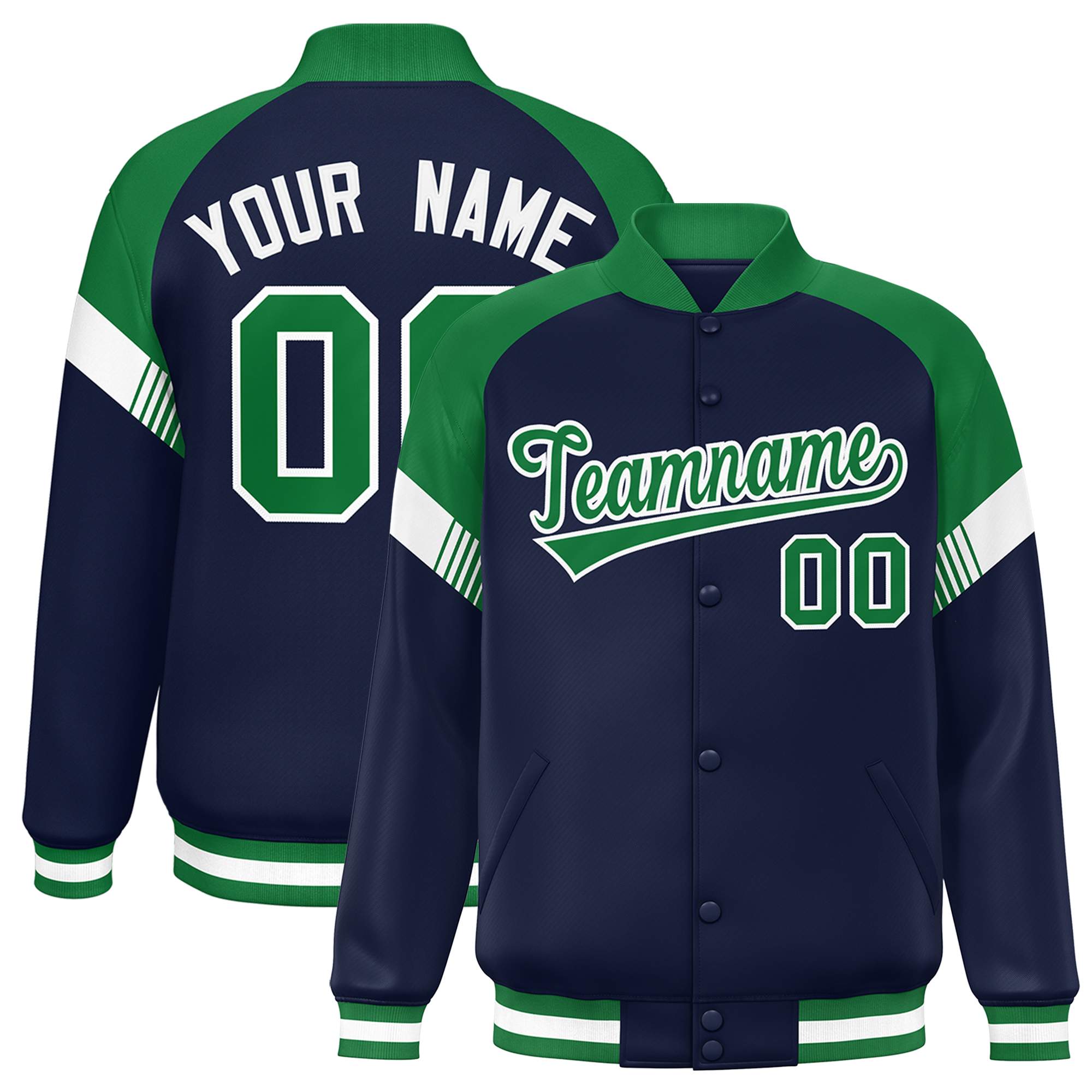 Custom Navy Kelly Green-White Varsity Full-Snap Color Block Letterman Jacket