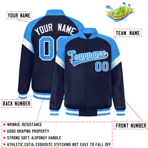 Custom Navy Powder Blue-White Varsity Full-Snap Color Block Letterman Jacket