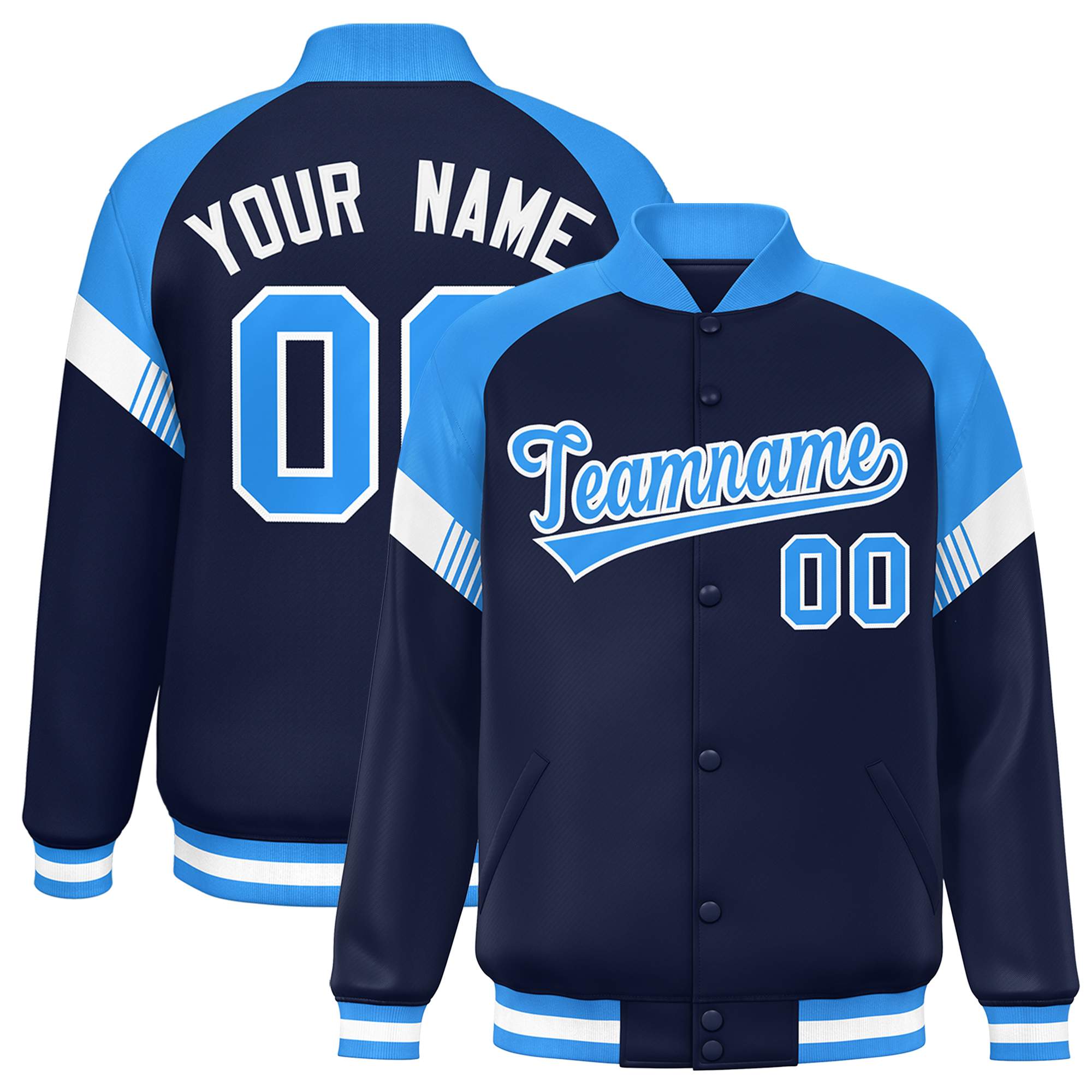 Custom Navy Powder Blue-White Varsity Full-Snap Color Block Letterman Jacket