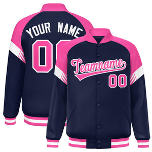 Custom Navy Pink-White Varsity Full-Snap Color Block Letterman Jacket