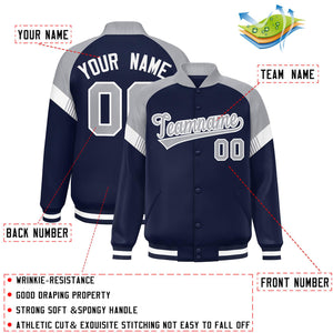 Custom Navy Gray-White Varsity Full-Snap Color Block Letterman Jacket