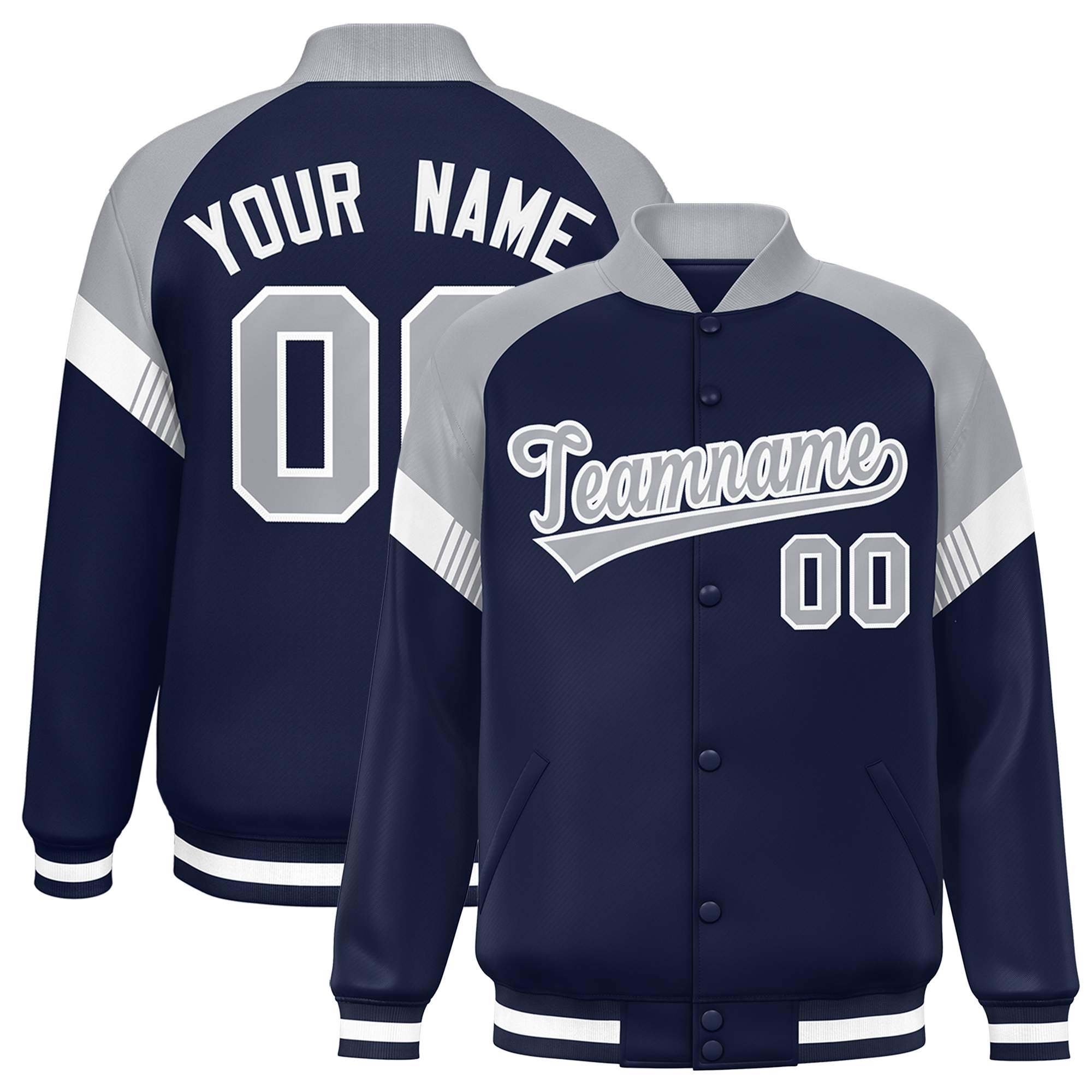 Custom Navy Gray-White Varsity Full-Snap Color Block Letterman Jacket