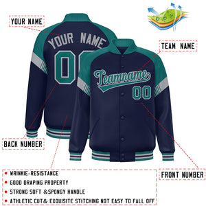 Custom Navy Aqua-Gray Varsity Full-Snap Color Block Letterman Jacket