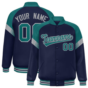 Custom Navy Aqua-Gray Varsity Full-Snap Color Block Letterman Jacket