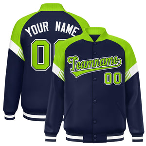 Custom Navy Neon Green-White Varsity Full-Snap Color Block Letterman Jacket