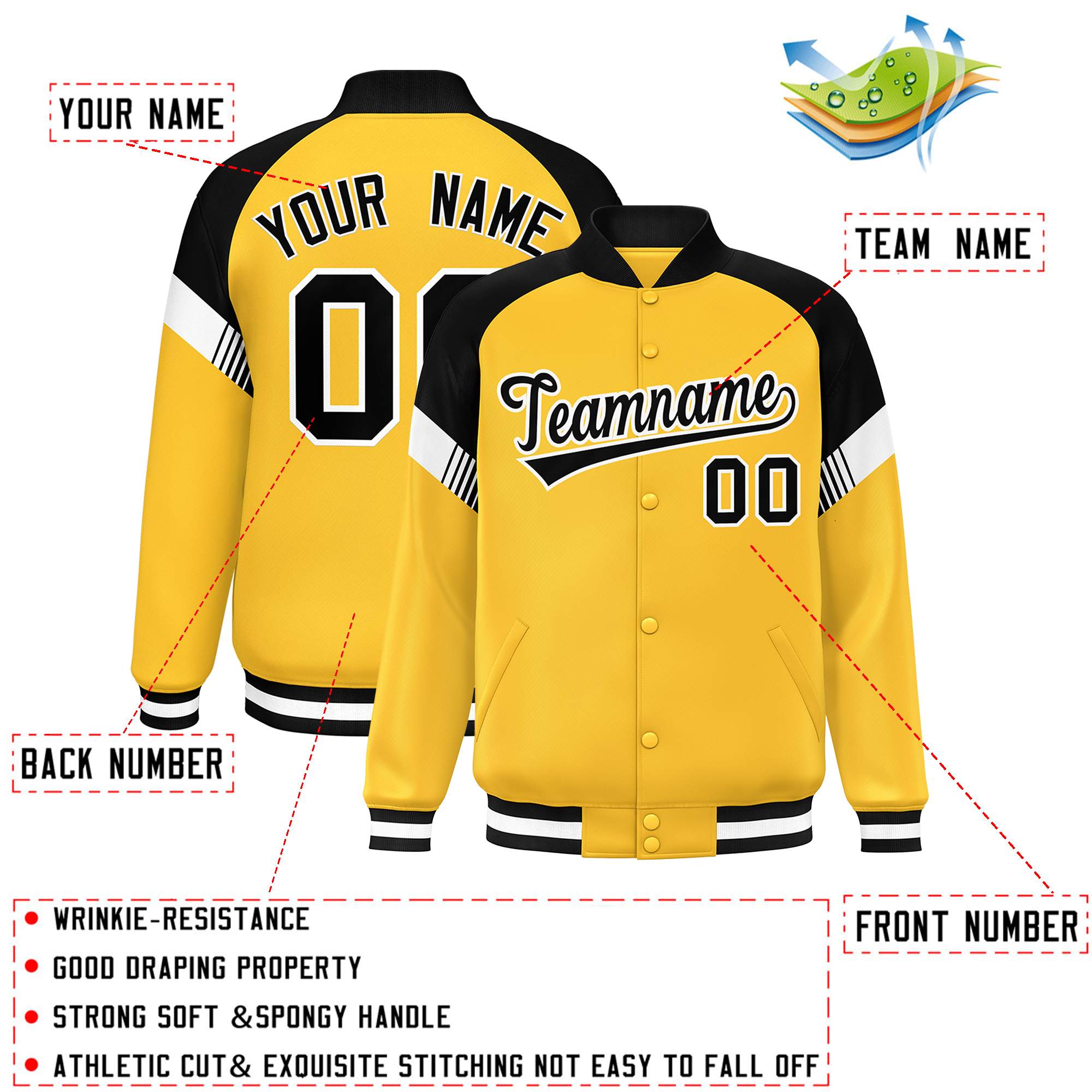 Custom Gold Black-White Varsity Full-Snap Color Block Letterman Jacket