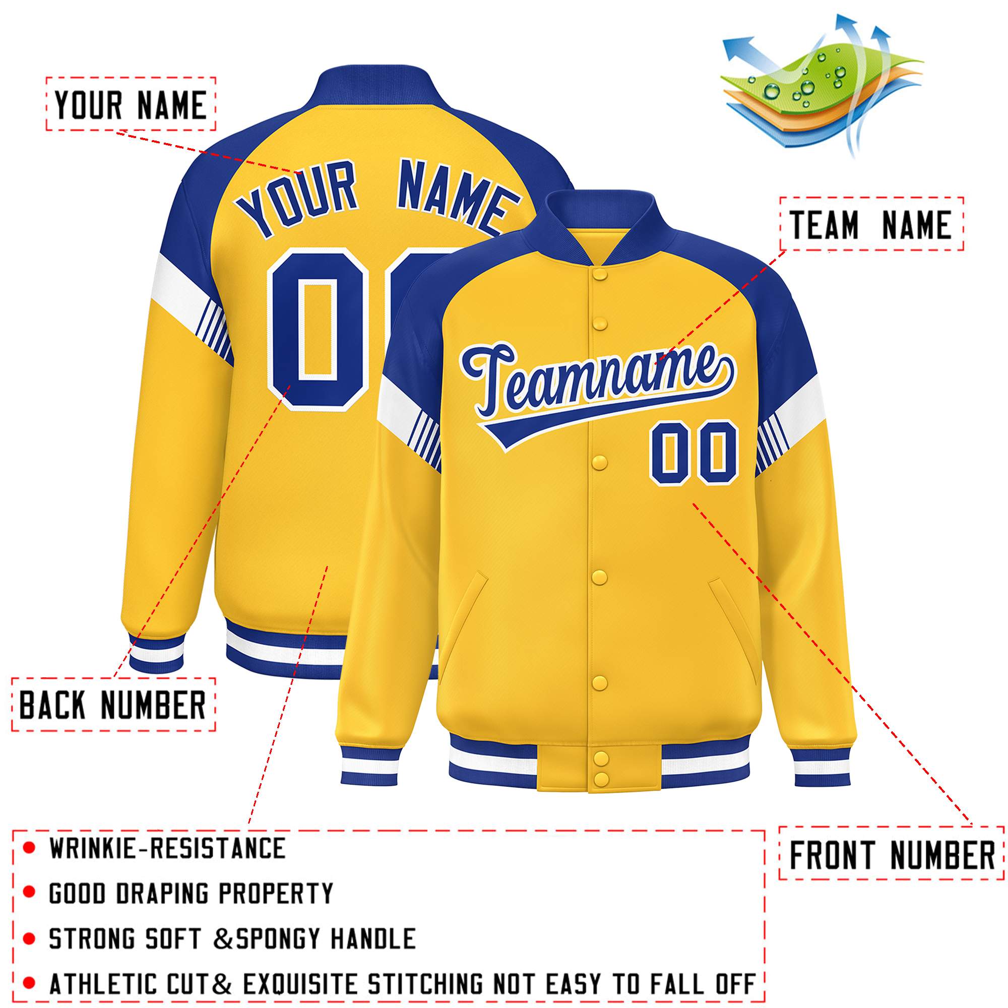 Custom Gold Royal-White Varsity Full-Snap Color Block Letterman Jacket