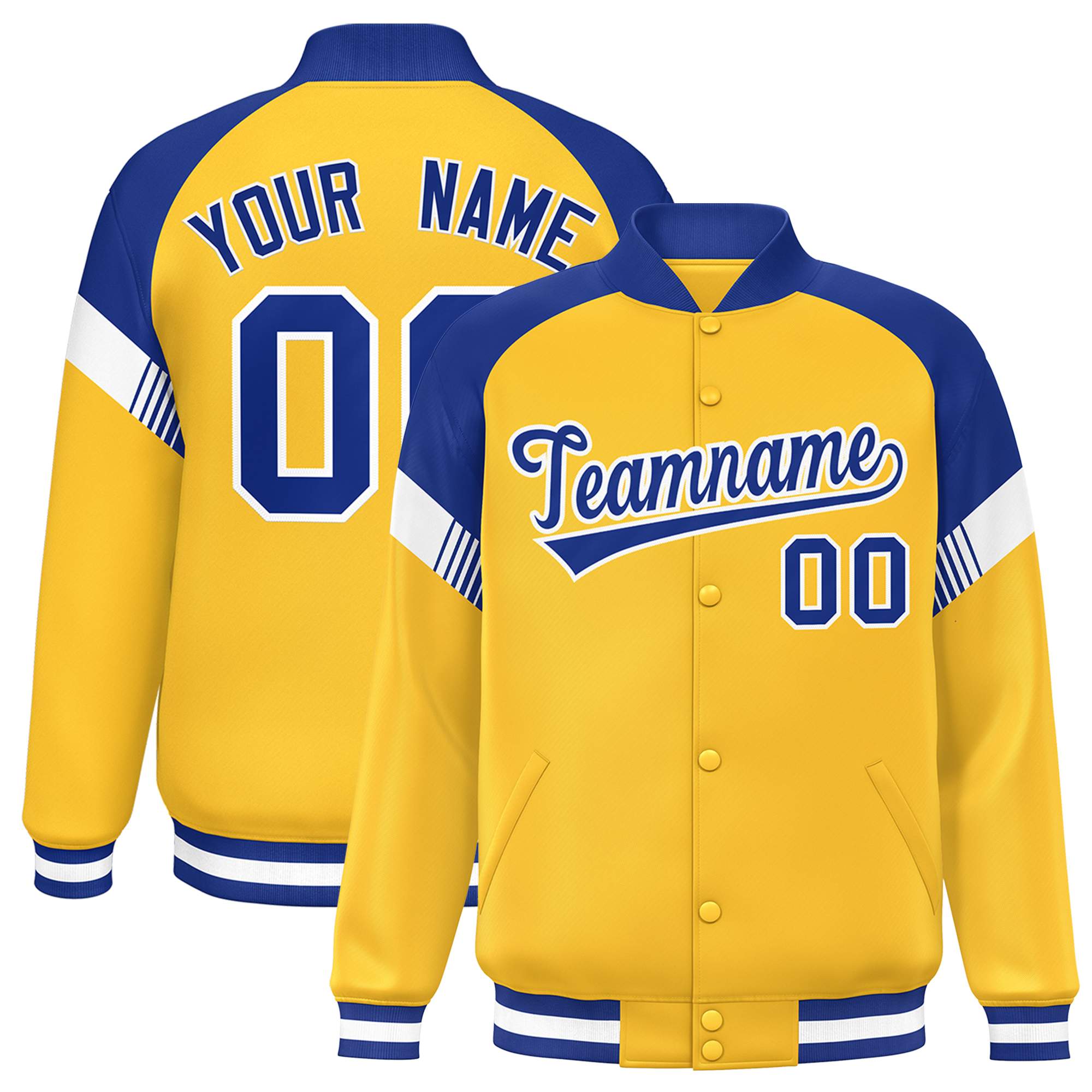 Custom Gold Royal-White Varsity Full-Snap Color Block Letterman Jacket