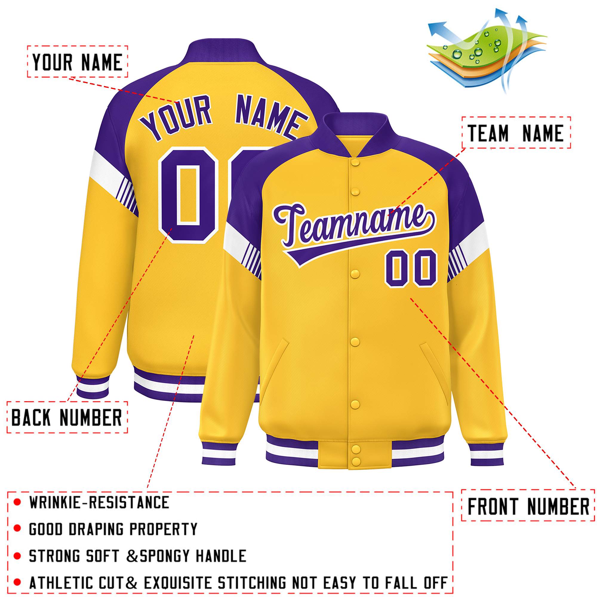 Custom Gold Purple-White Varsity Full-Snap Color Block Letterman Jacket