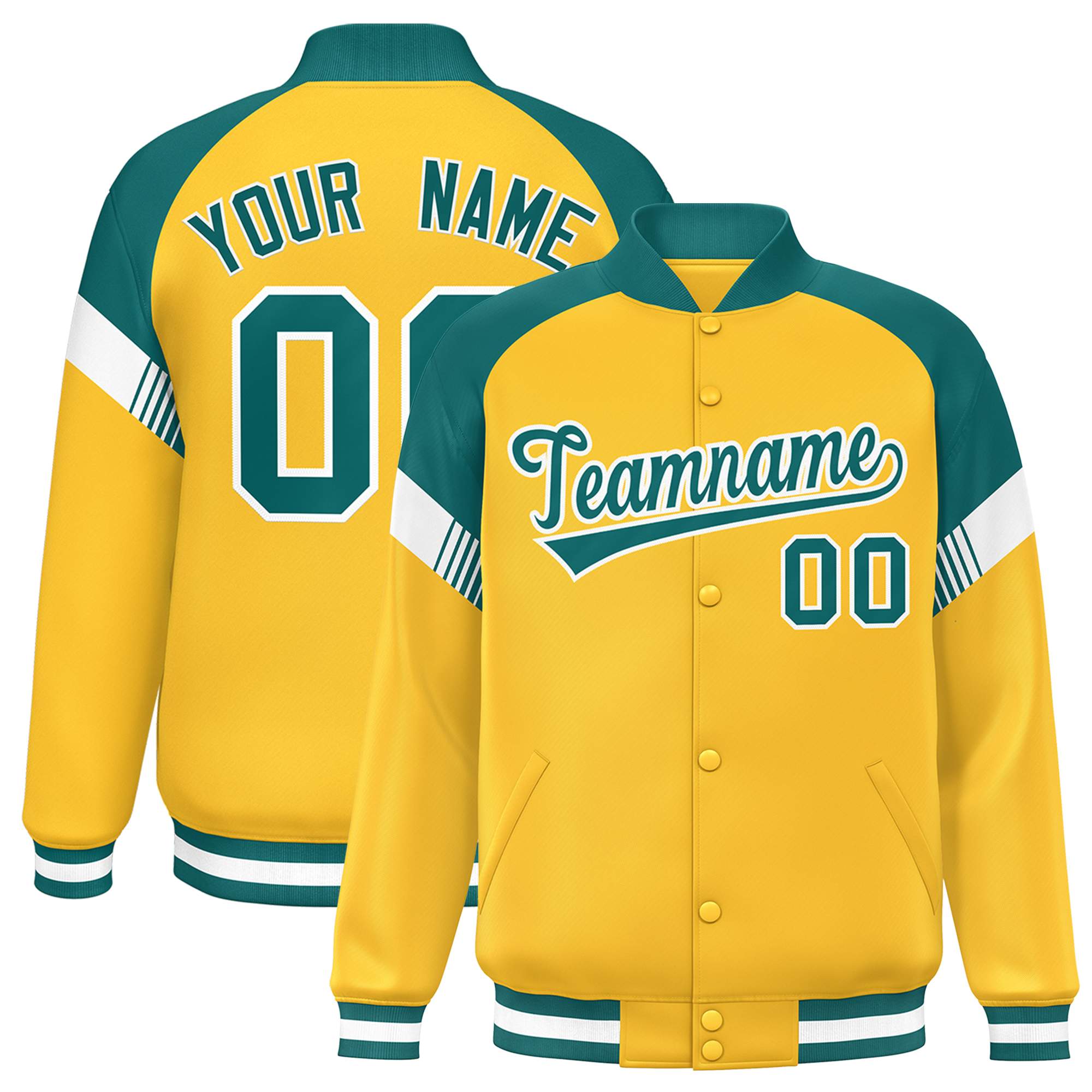 Custom Gold Aqua-White Varsity Full-Snap Color Block Letterman Jacket