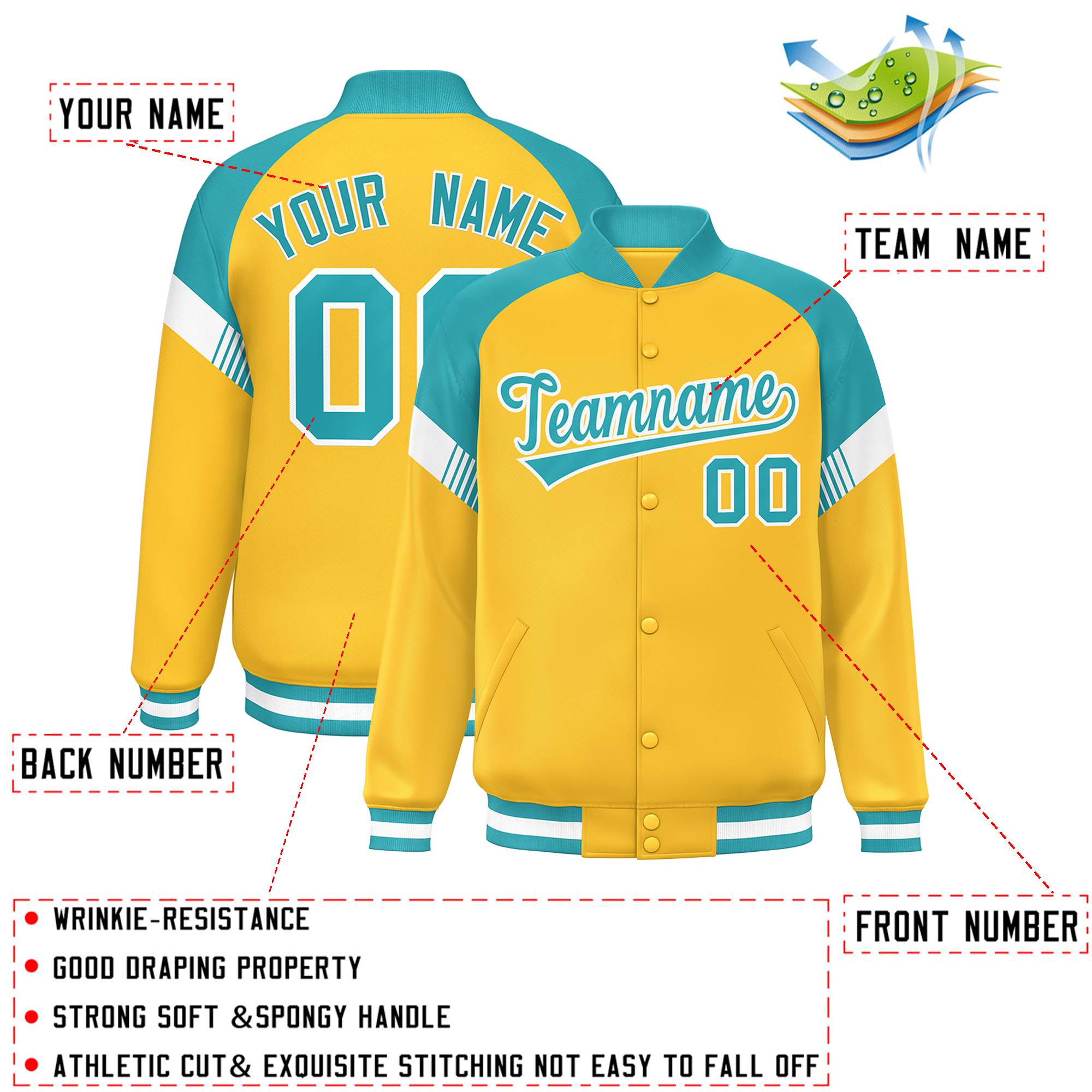 Custom Gold Aqua-White Varsity Full-Snap Color Block Letterman Jacket