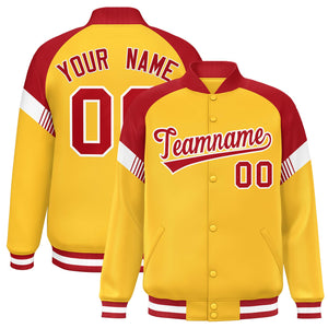 Custom Gold Red-White Varsity Full-Snap Color Block Letterman Jacket