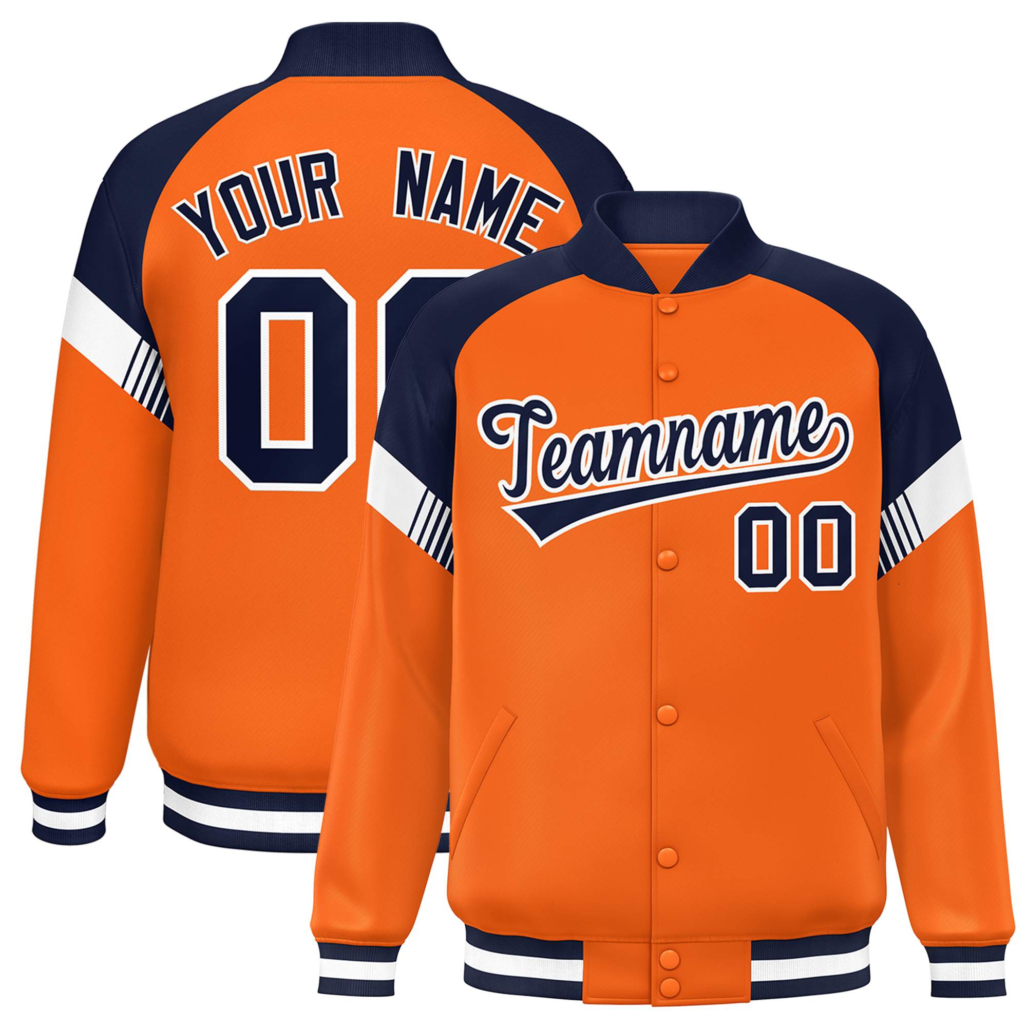 Custom Orange Navy-White Varsity Full-Snap Color Block Letterman Jacket