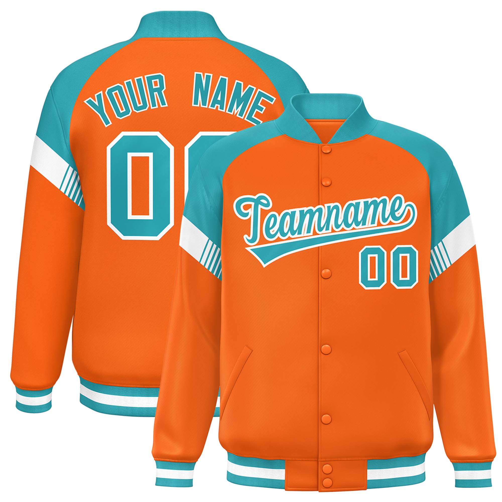 Custom Orange Aqua-White Varsity Full-Snap Color Block Letterman Jacket