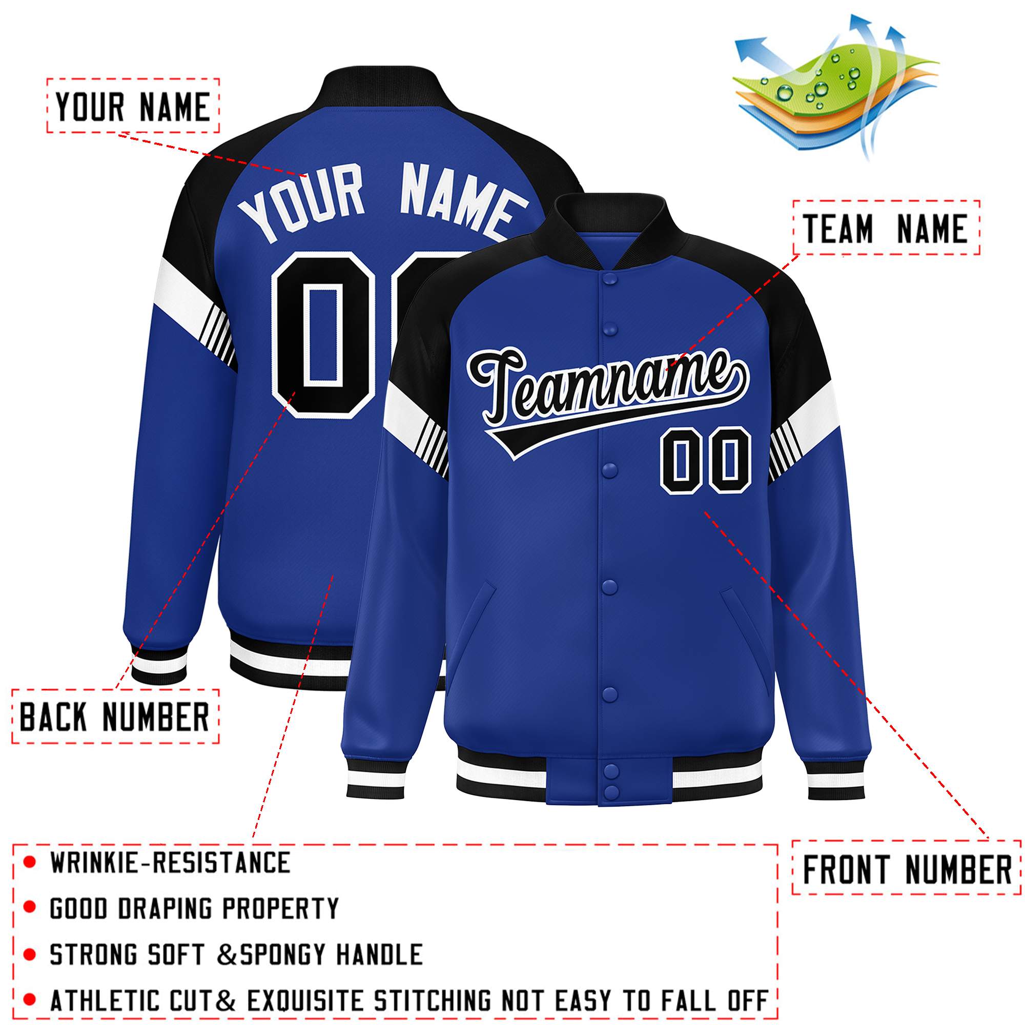 Custom Royal Black-White Varsity Full-Snap Color Block Letterman Jacket