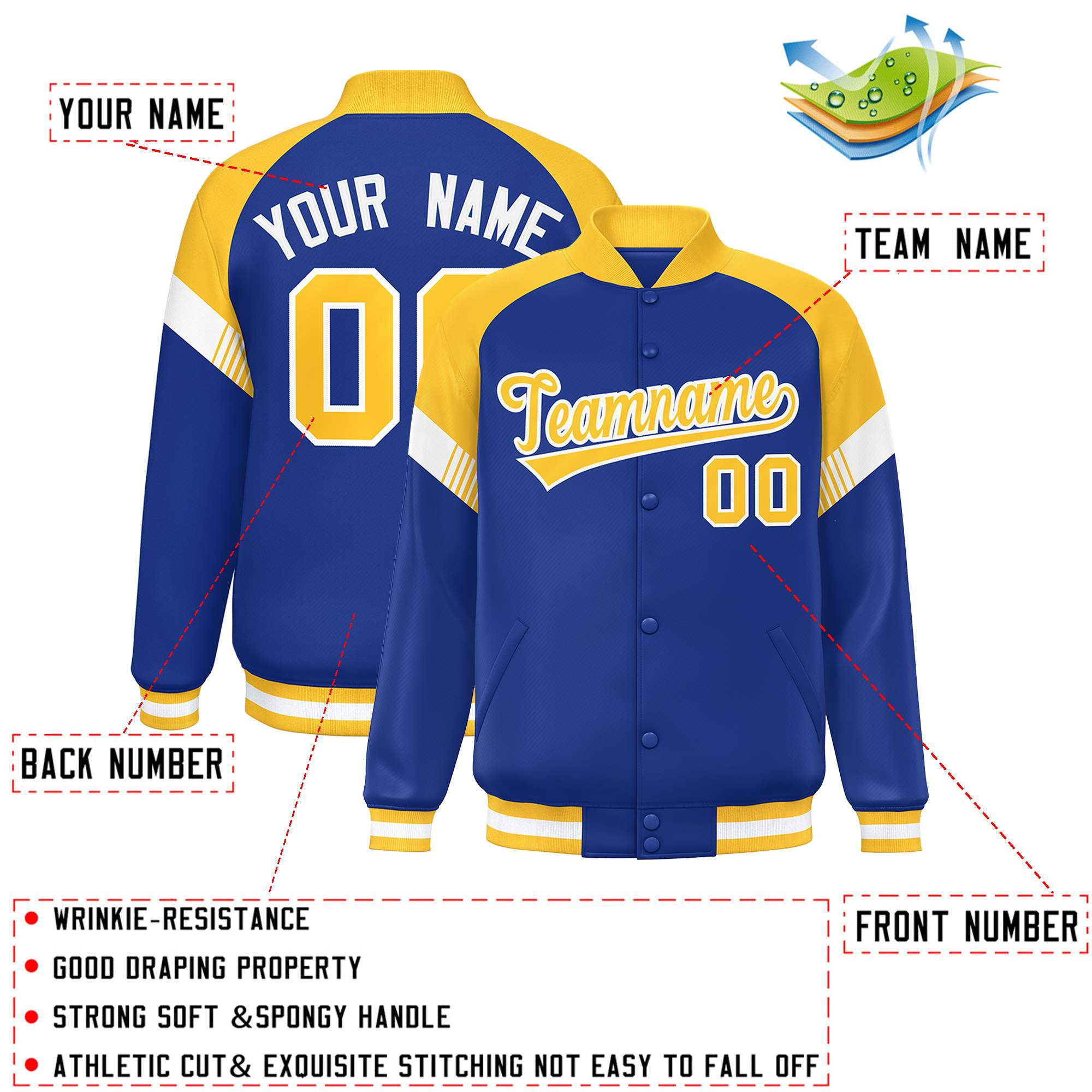 Custom Royal Gold-White Varsity Full-Snap Color Block Letterman Jacket