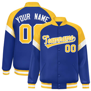 Custom Royal Gold-White Varsity Full-Snap Color Block Letterman Jacket