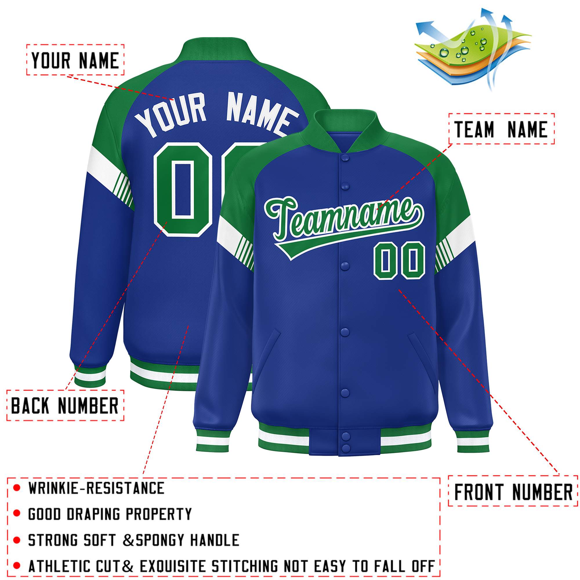 Custom Royal Kelly Green-White Varsity Full-Snap Color Block Letterman Jacket