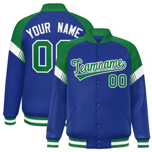 Custom Royal Kelly Green-White Varsity Full-Snap Color Block Letterman Jacket