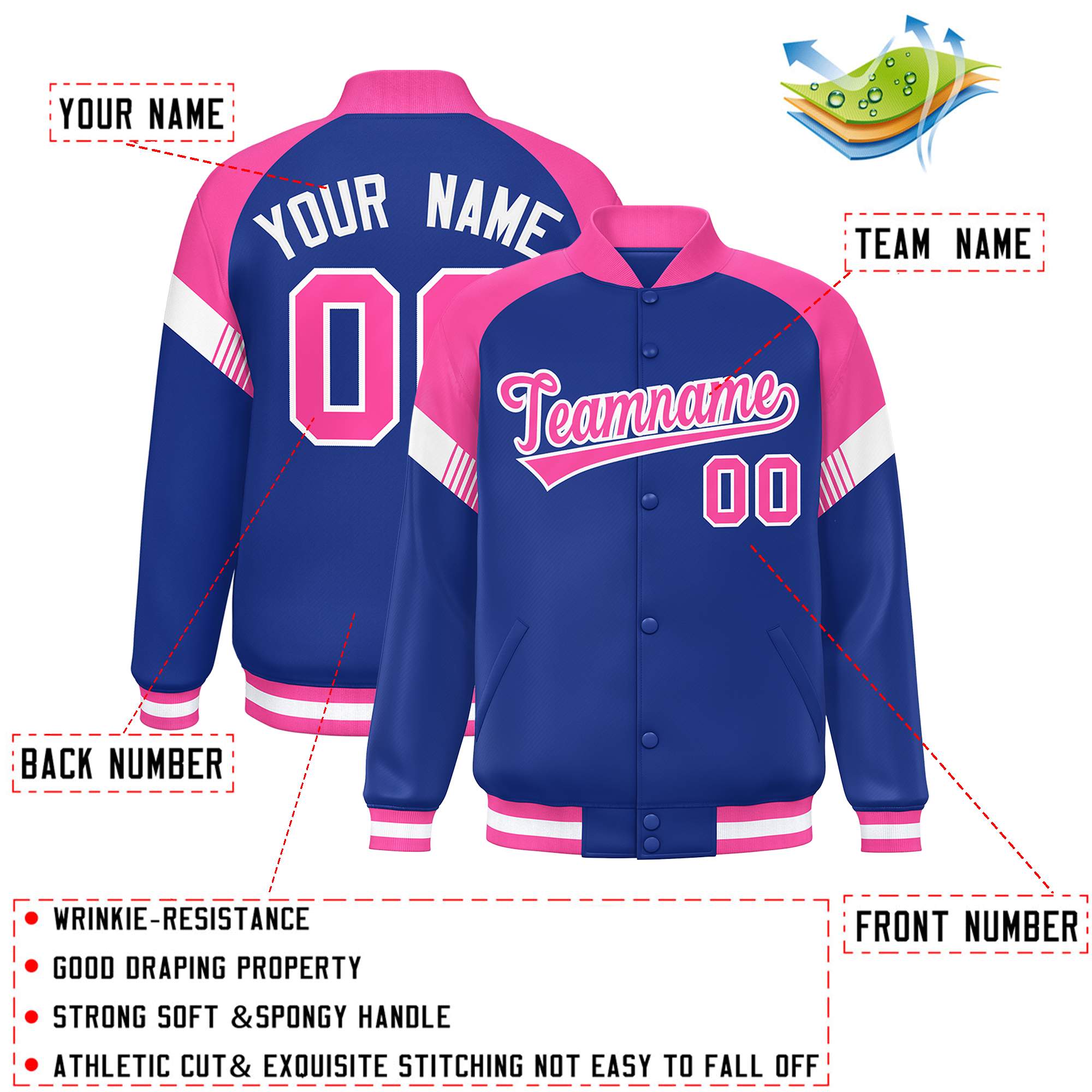 Custom Royal Pink-White Varsity Full-Snap Color Block Letterman Jacket