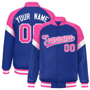 Custom Royal Pink-White Varsity Full-Snap Color Block Letterman Jacket