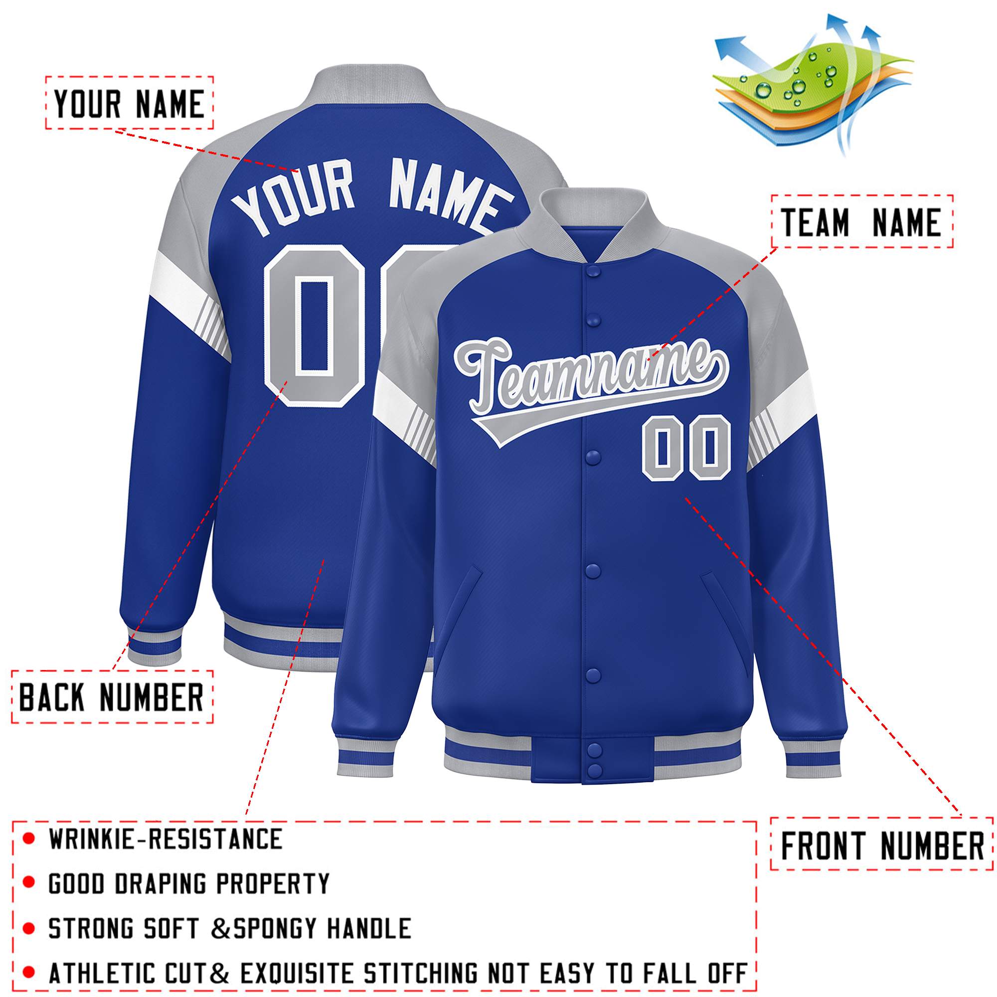 Custom Royal Gray-White Varsity Full-Snap Color Block Letterman Jacket