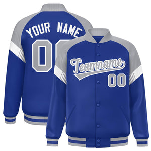 Custom Royal Gray-White Varsity Full-Snap Color Block Letterman Jacket