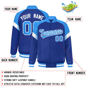 Custom Royal Powder Blue-White Varsity Full-Snap Color Block Letterman Jacket