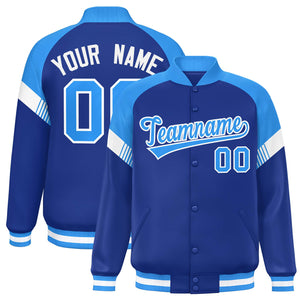 Custom Royal Powder Blue-White Varsity Full-Snap Color Block Letterman Jacket