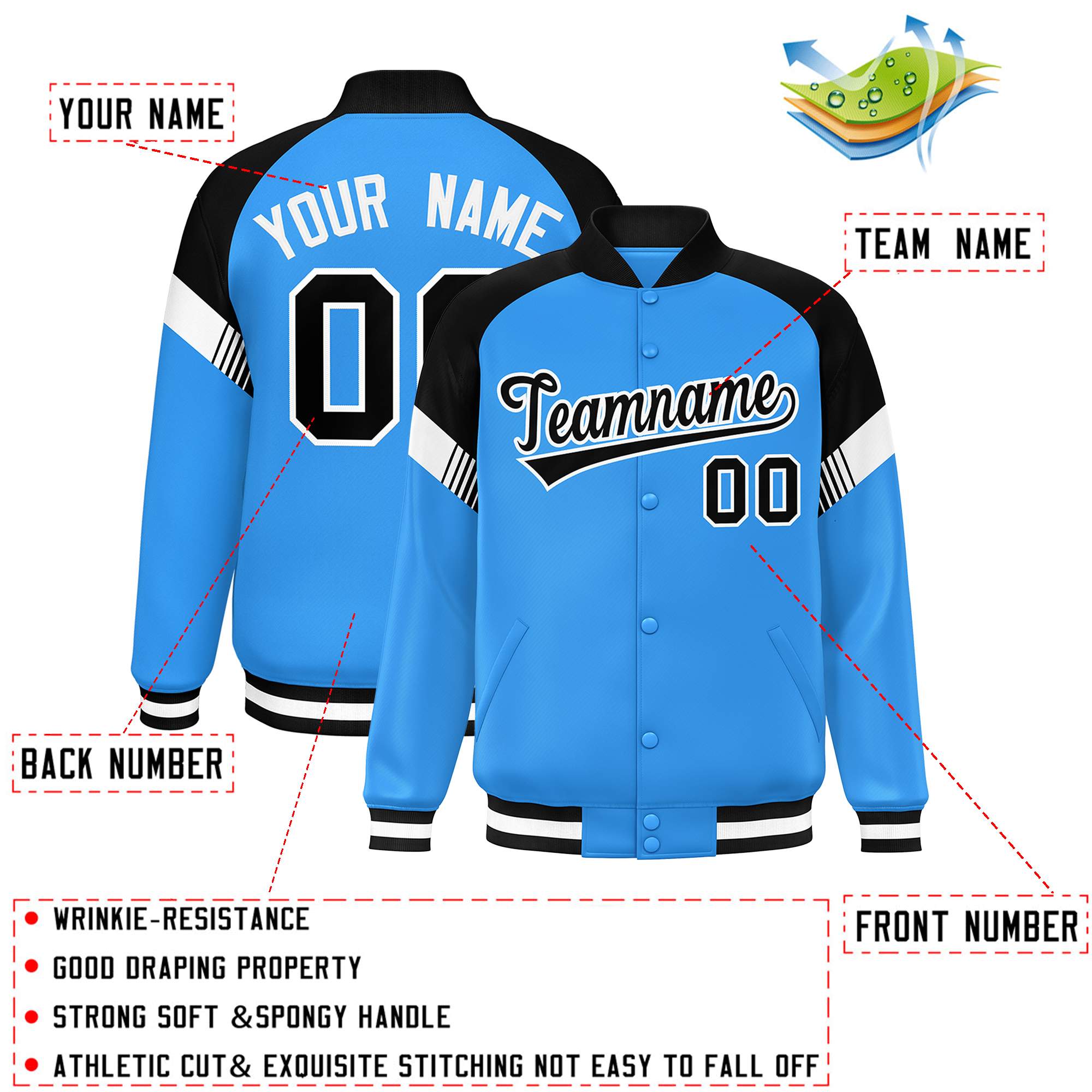 Custom Powder Blue Black-White Varsity Full-Snap Color Block Letterman Jacket