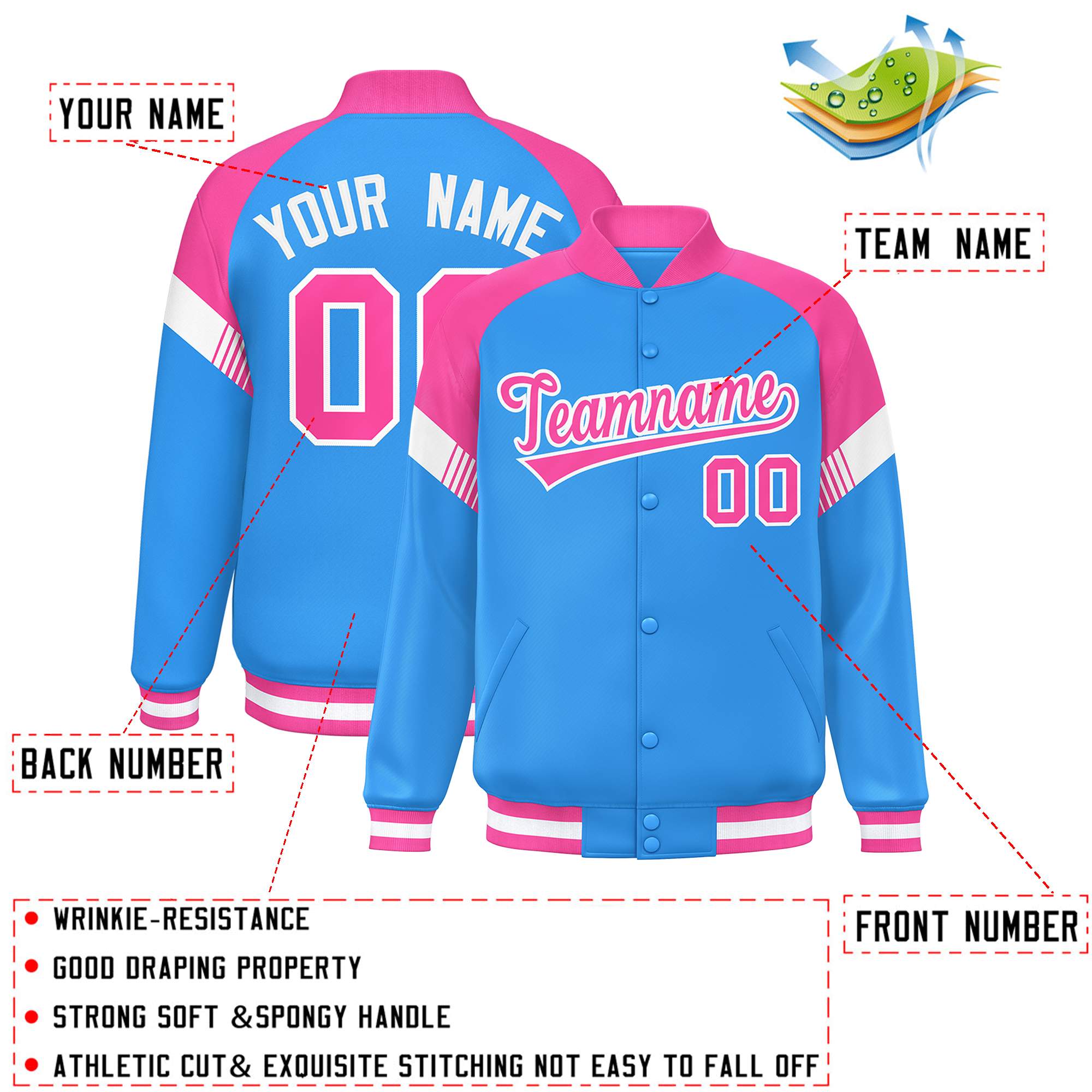 Custom Powder Blue Pink-White Varsity Full-Snap Color Block Letterman Jacket