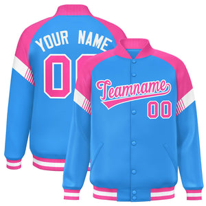 Custom Powder Blue Pink-White Varsity Full-Snap Color Block Letterman Jacket