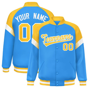 Custom Powder Blue Gold-White Varsity Full-Snap Color Block Letterman Jacket