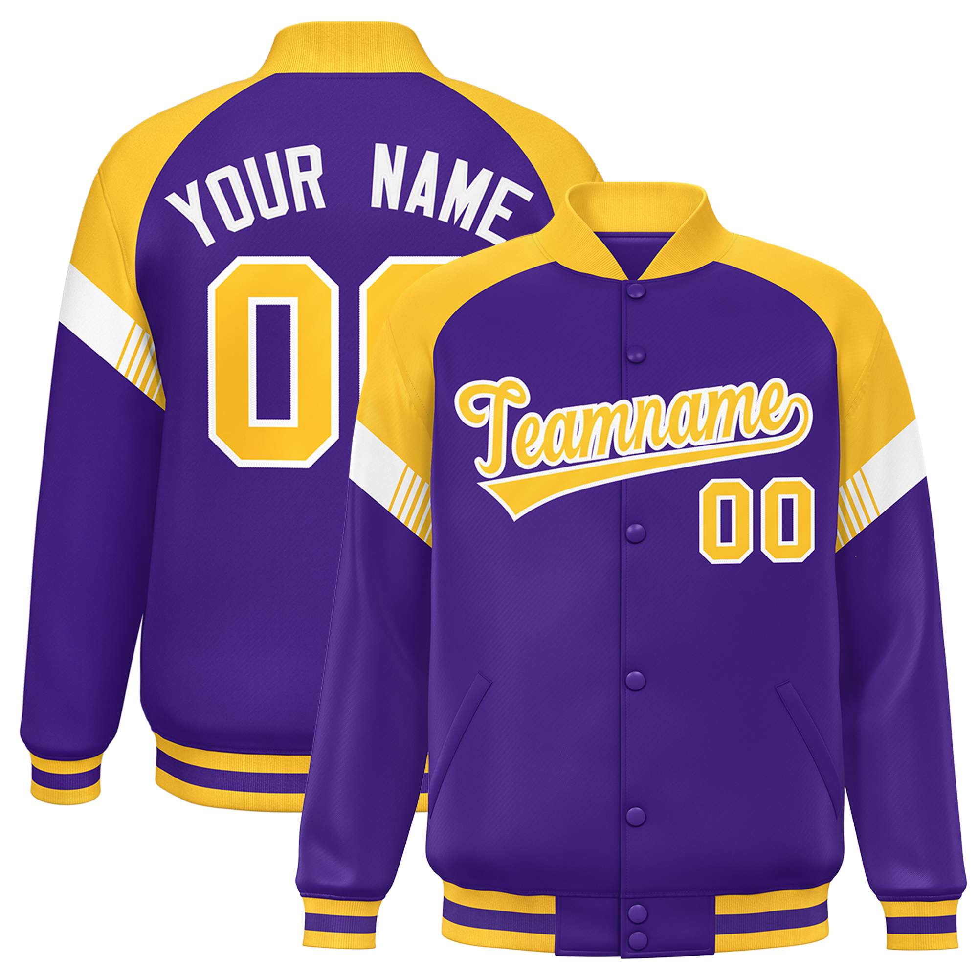 Custom Purple Gold-White Varsity Full-Snap Color Block Letterman Jacket