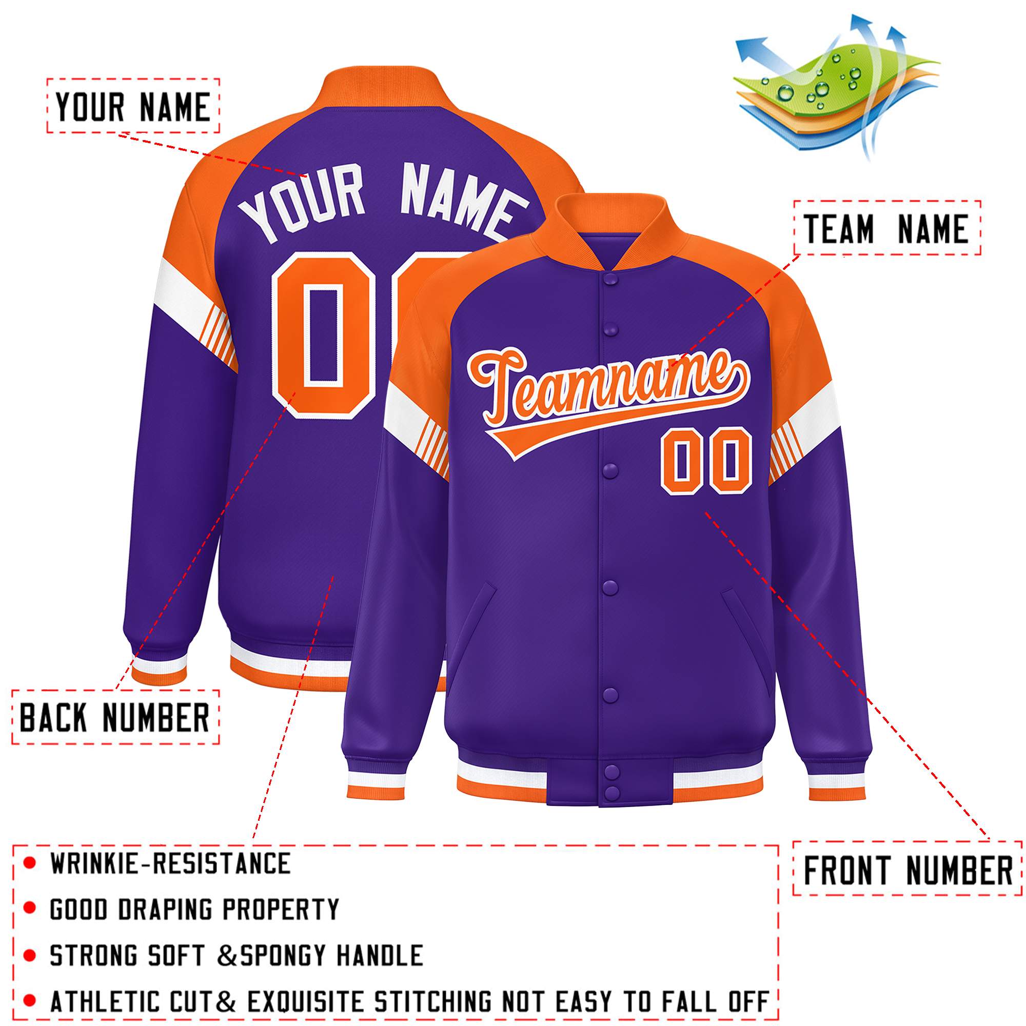 Custom Purple Orange-White Varsity Full-Snap Color Block Letterman Jacket