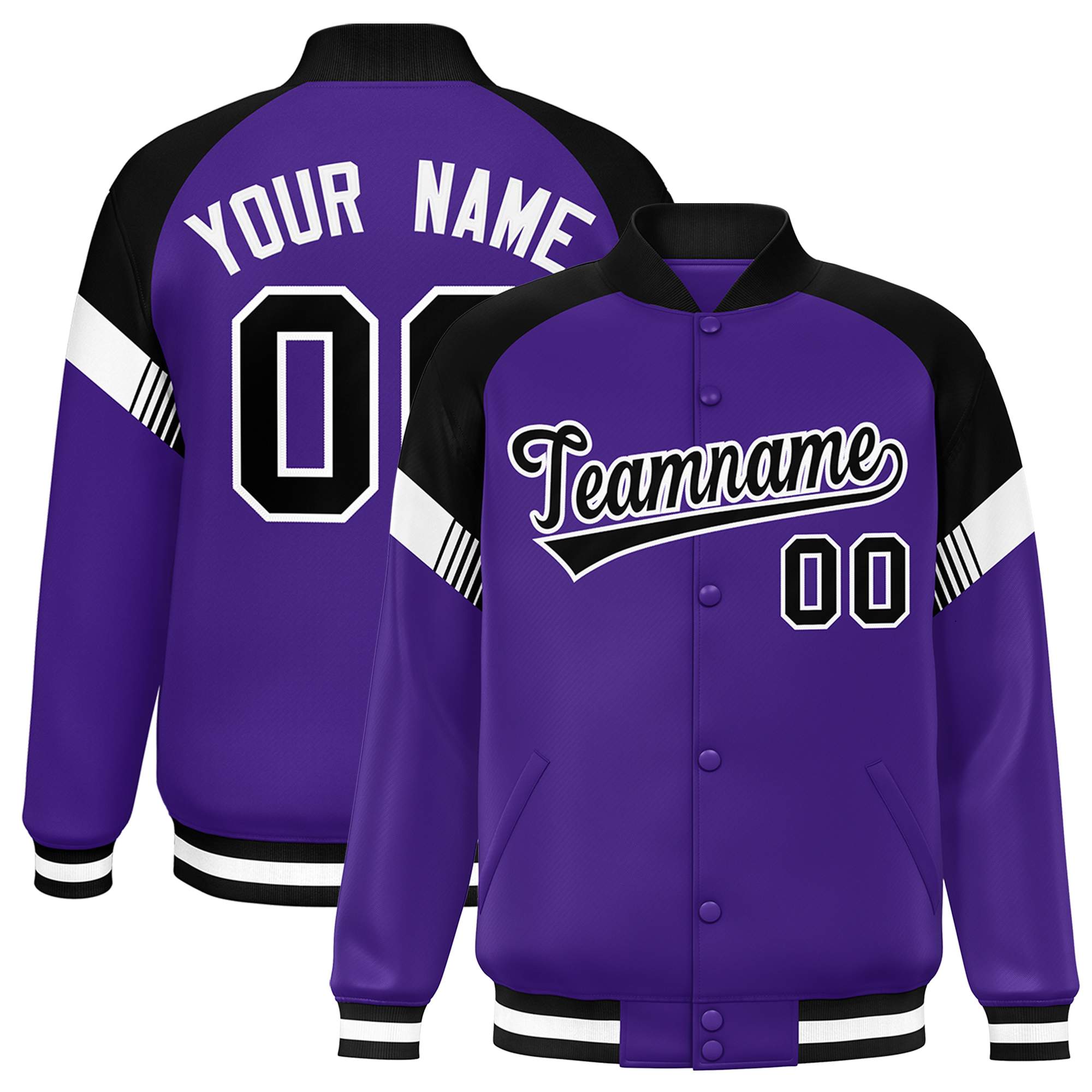 Custom Purple Black-White Varsity Full-Snap Color Block Letterman Jacket