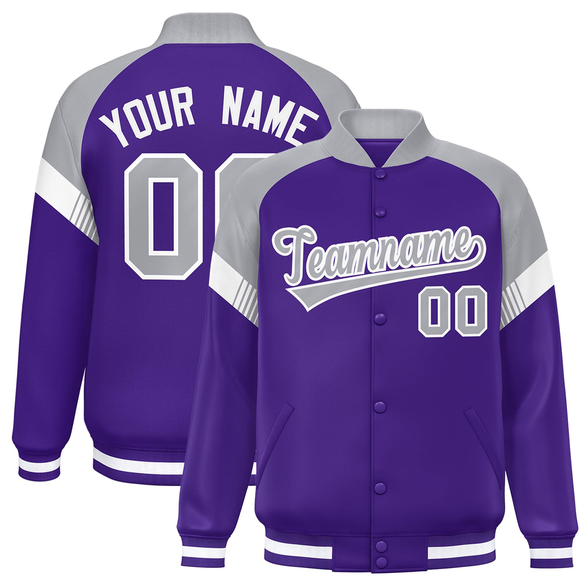 Custom Purple Gray-White Varsity Full-Snap Color Block Letterman Jacket