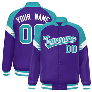 Custom Purple Aqua-White Varsity Full-Snap Color Block Letterman Jacket