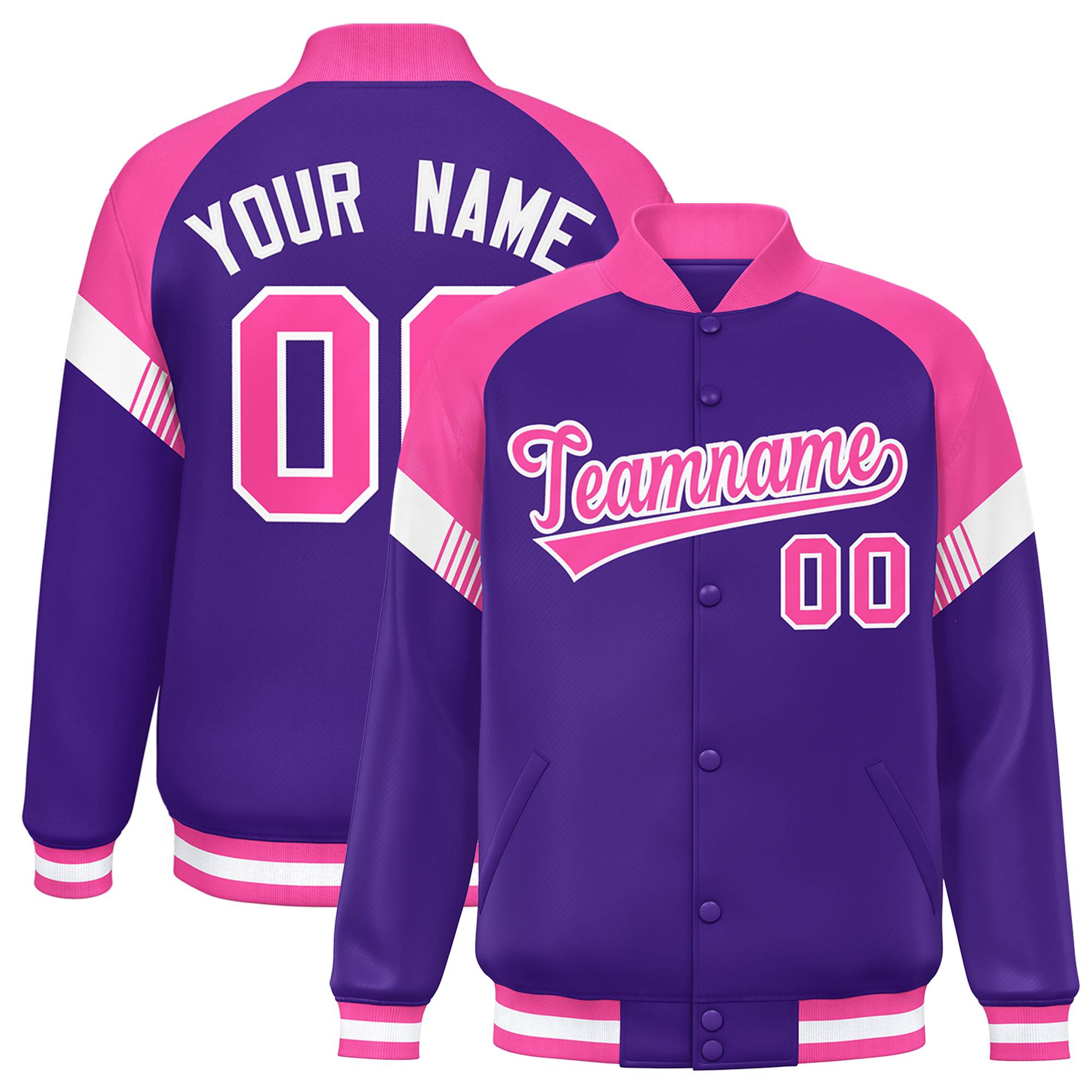 Custom Purple Pink-White Varsity Full-Snap Color Block Letterman Jacket