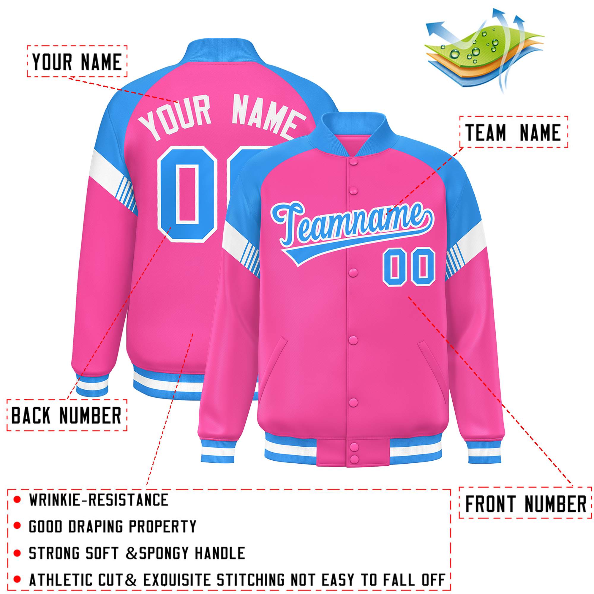 Custom Pink Powder Blue-White Varsity Full-Snap Color Block Letterman Jacket