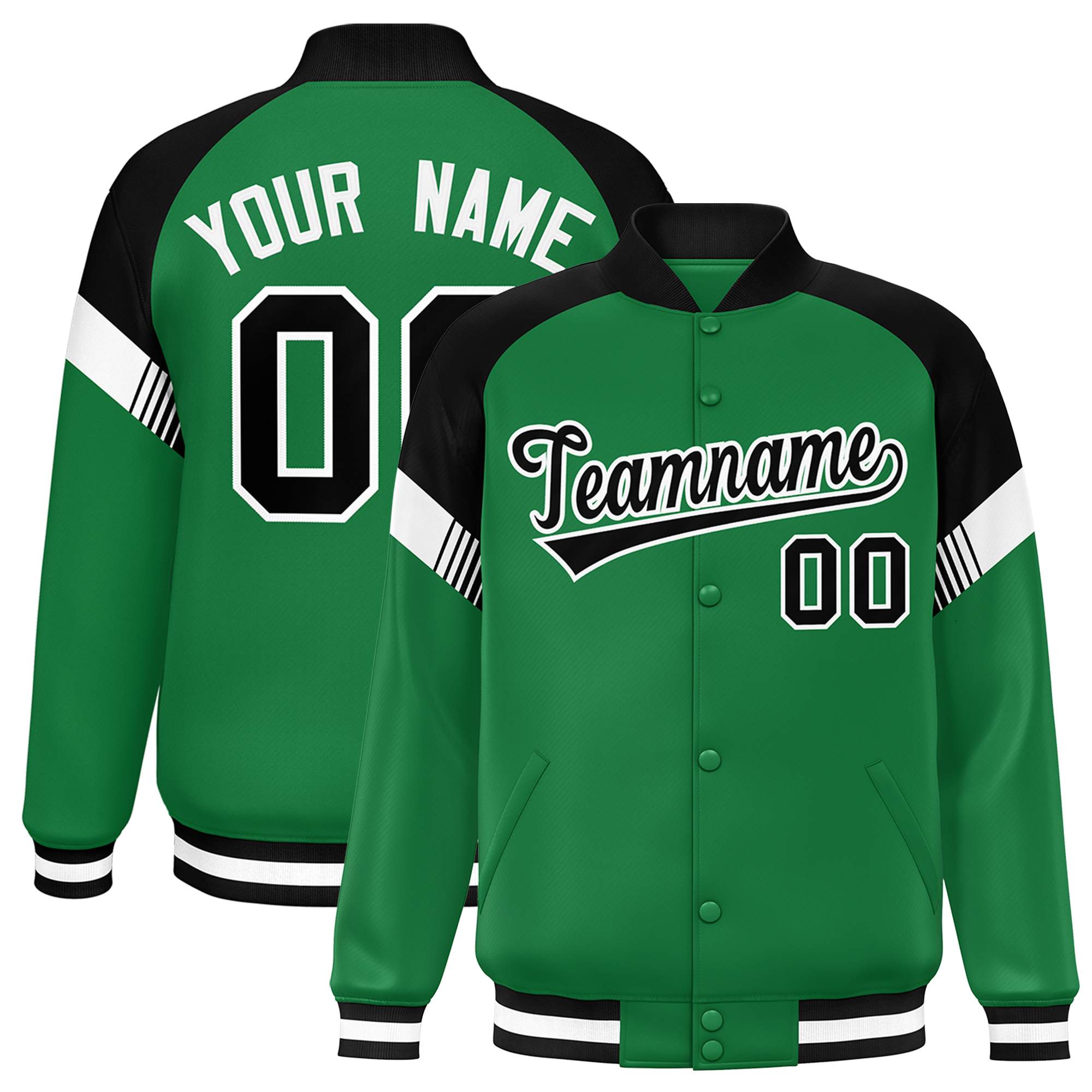 Custom Kelly Green Black-White Varsity Full-Snap Color Block Letterman Jacket