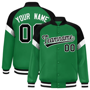 Custom Kelly Green Black-White Varsity Full-Snap Color Block Letterman Jacket