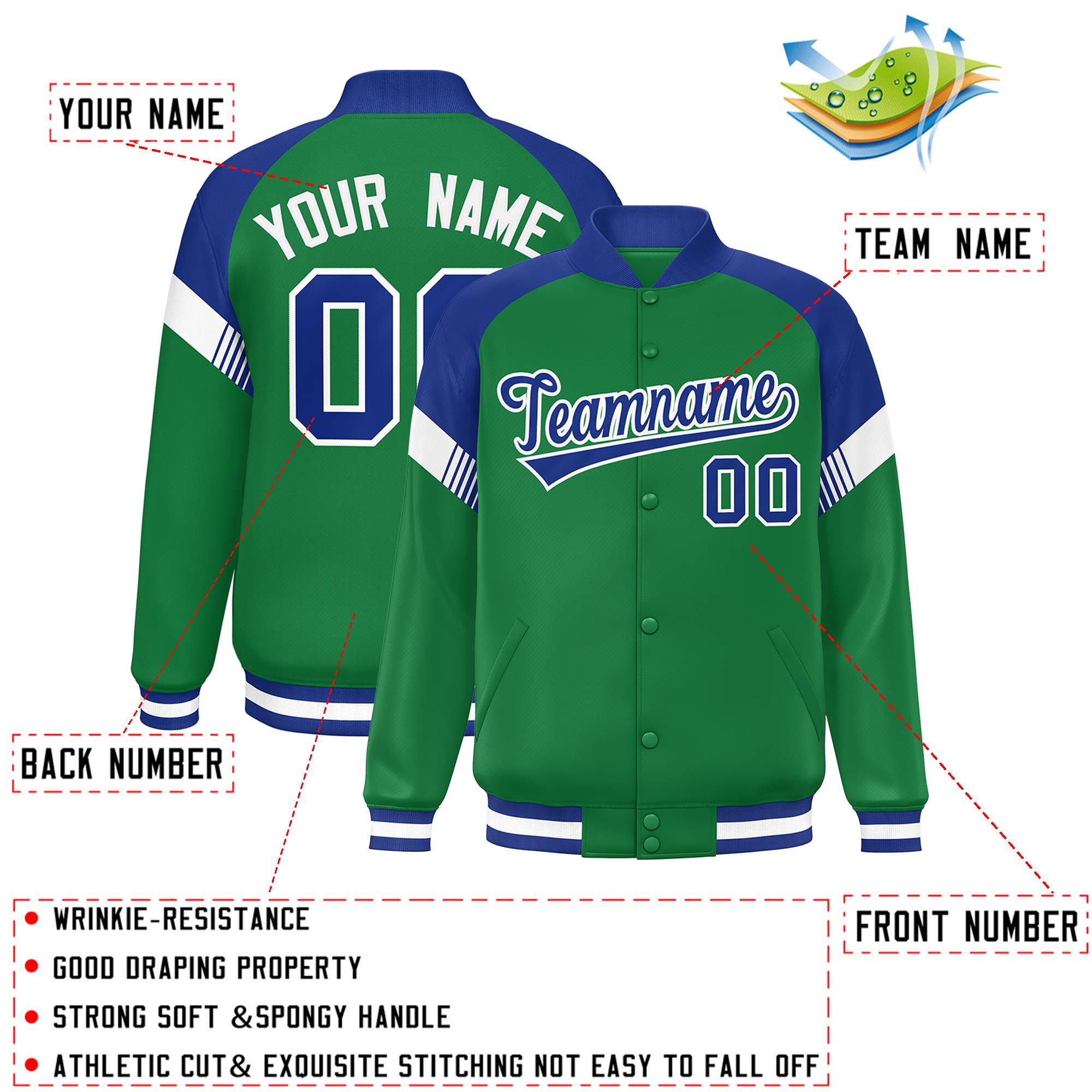 Custom Kelly Green Royal-White Varsity Full-Snap Color Block Letterman Jacket