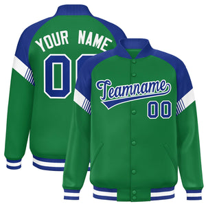 Custom Kelly Green Royal-White Varsity Full-Snap Color Block Letterman Jacket