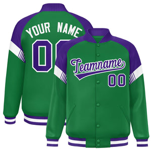 Custom Kelly Green Purple-White Varsity Full-Snap Color Block Letterman Jacket