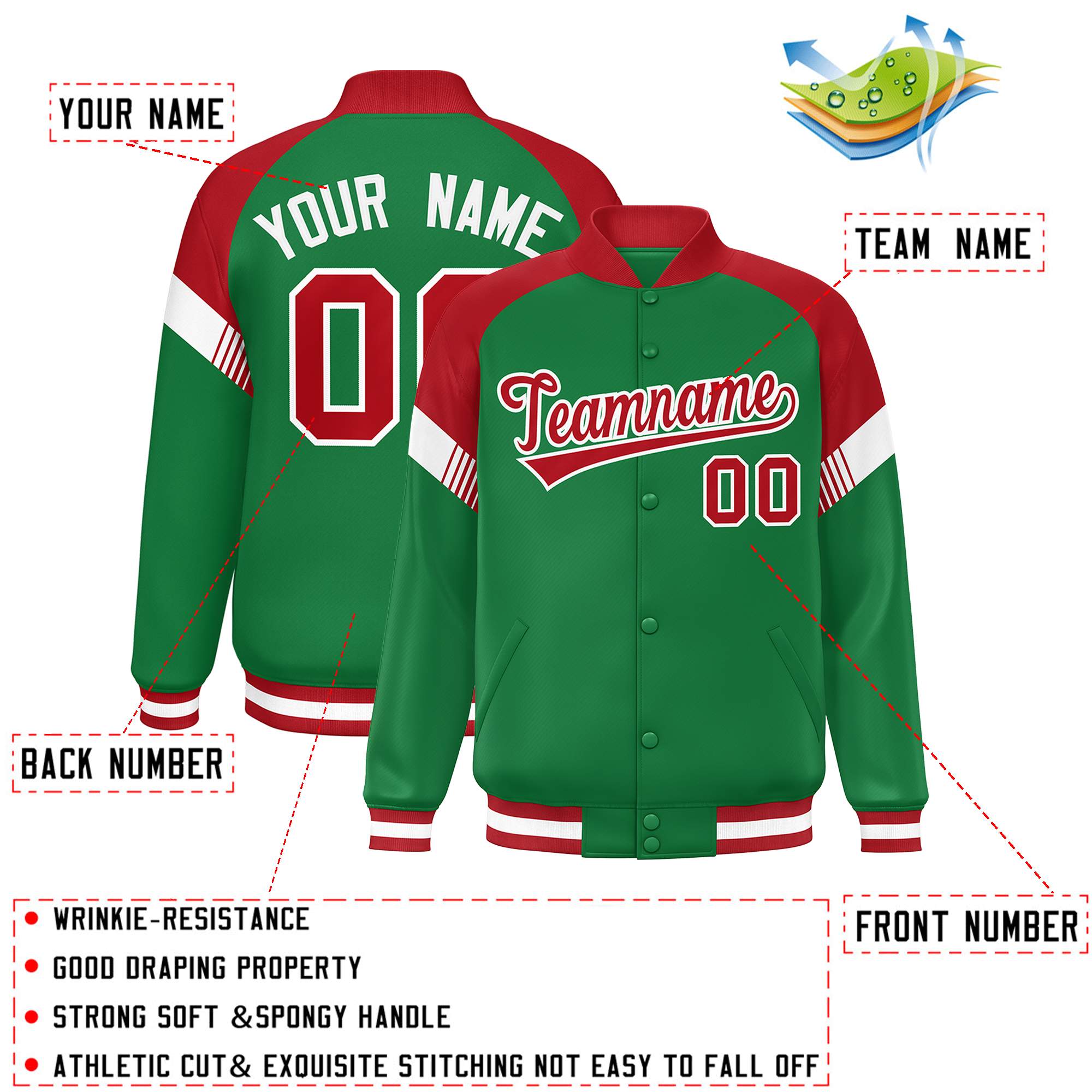 Custom Kelly Green Red-White Varsity Full-Snap Color Block Letterman Jacket