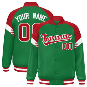 Custom Kelly Green Red-White Varsity Full-Snap Color Block Letterman Jacket