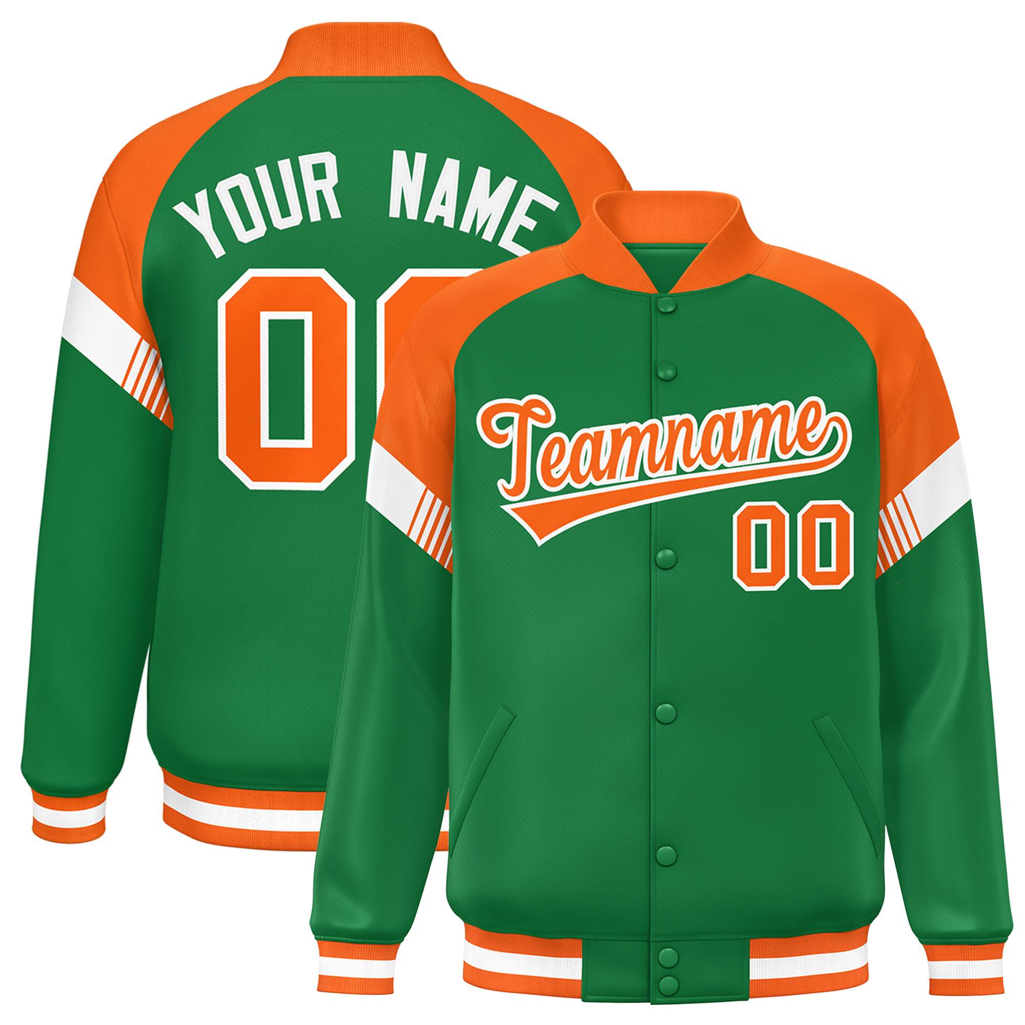 Custom Kelly Green Orange-White Varsity Full-Snap Color Block Letterman Jacket