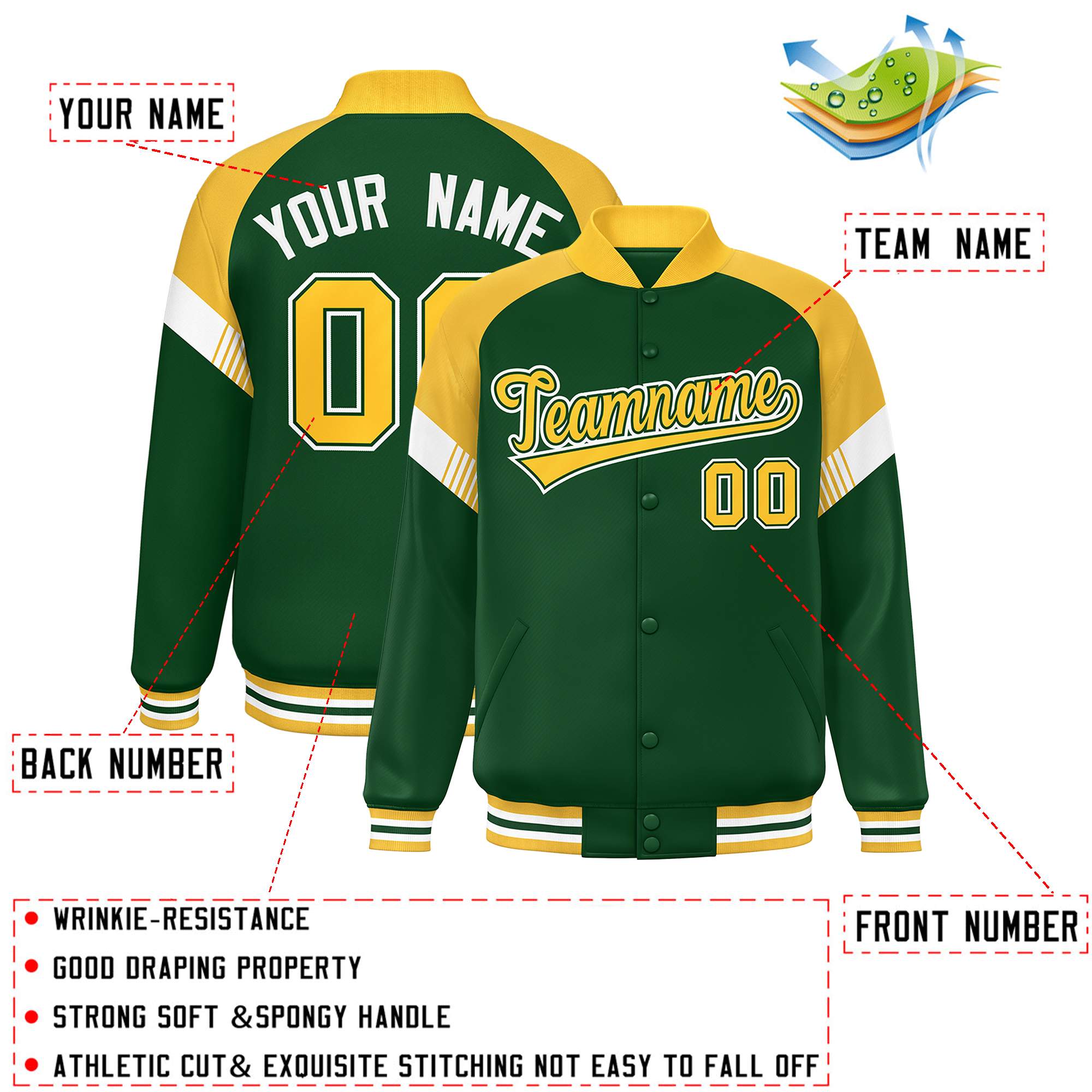 Custom Green Gold-White Varsity Full-Snap Color Block Letterman Jacket